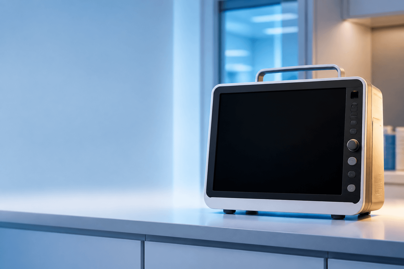 Illustrative visual of an unbranded medical monitoring device in a clinical setting