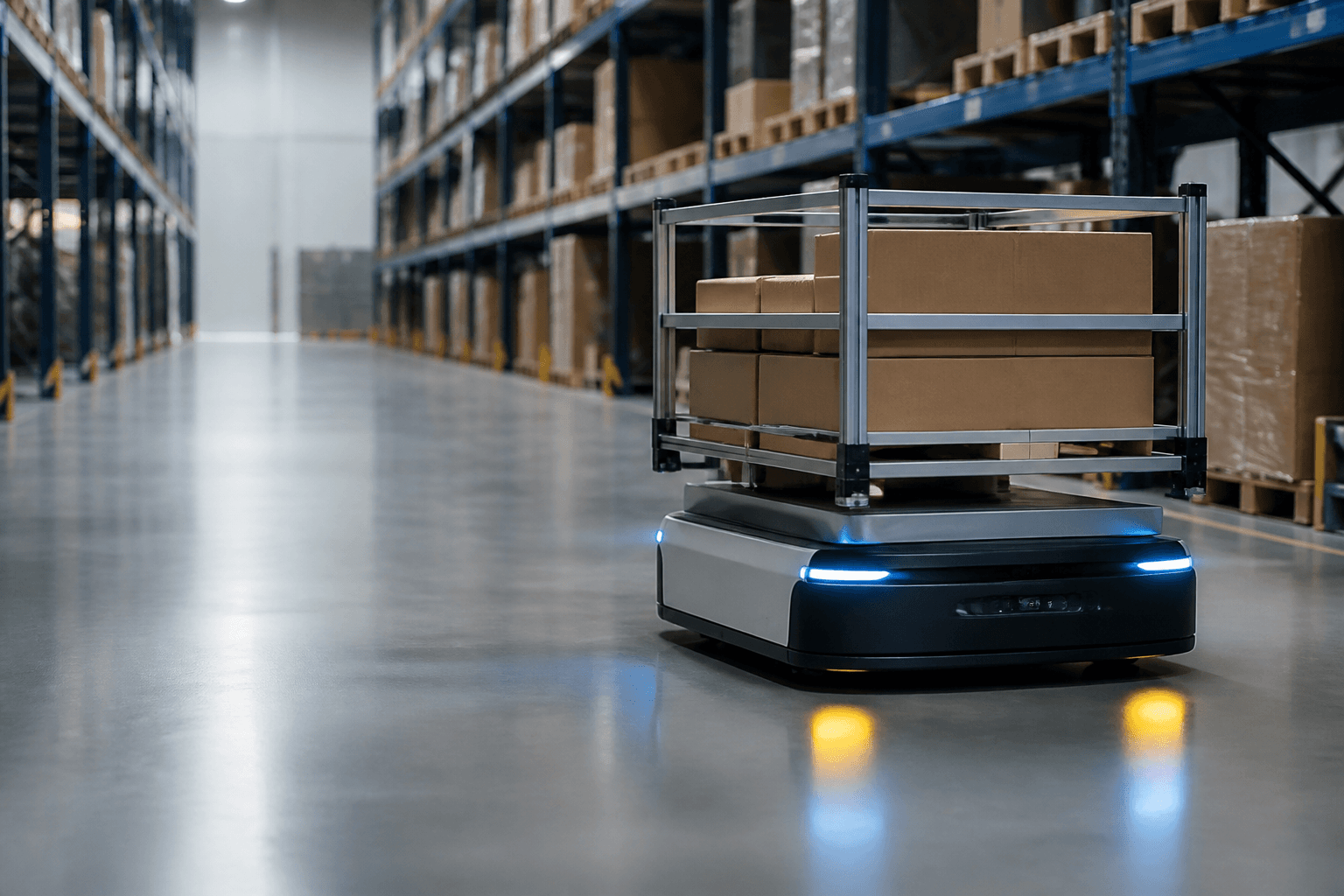 Illustrative visual of an autonomous mobile robot in a distribution aisle