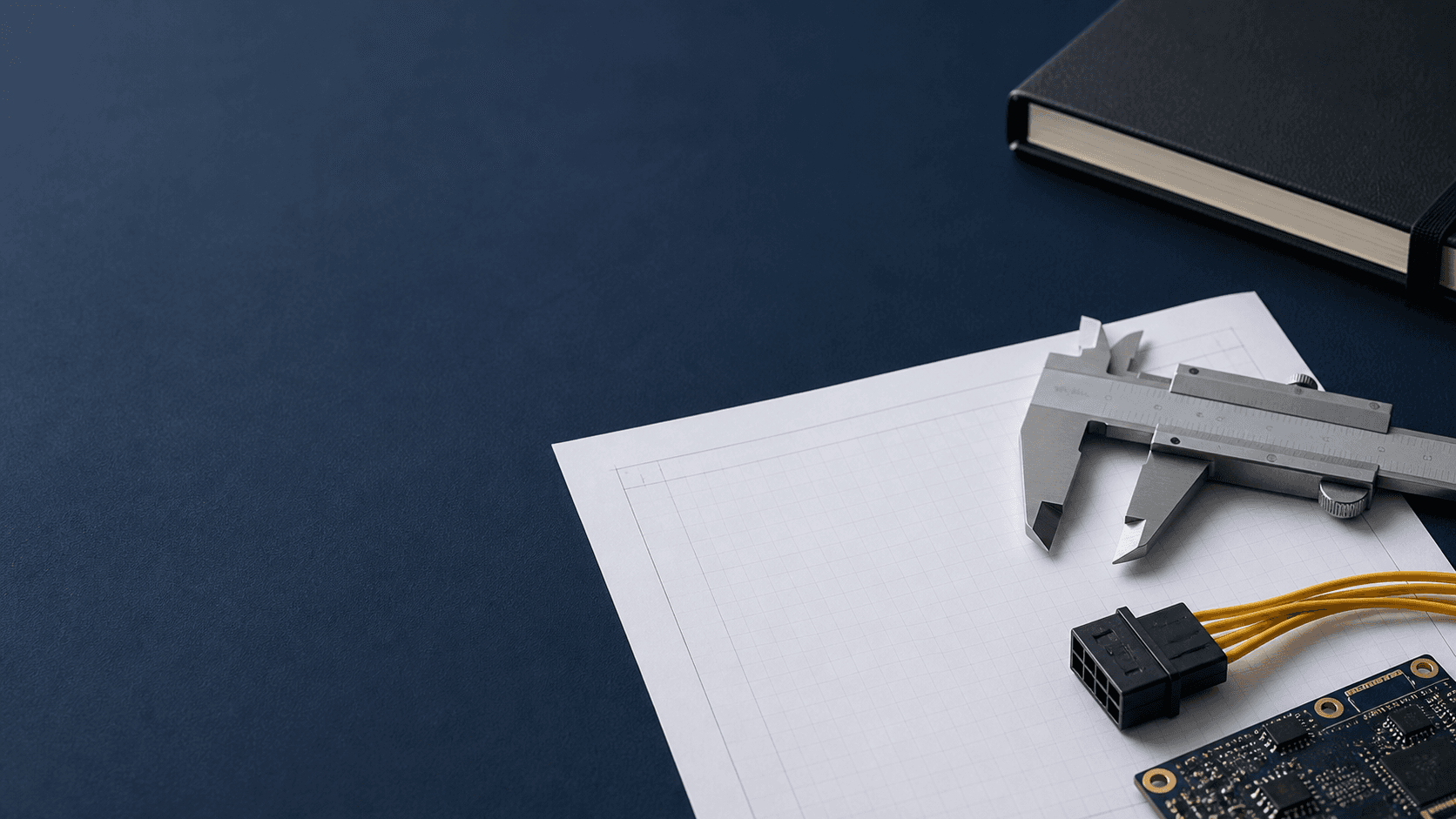 Illustrative engineering desk with blank drawing, caliper, connector and circuit board detail
