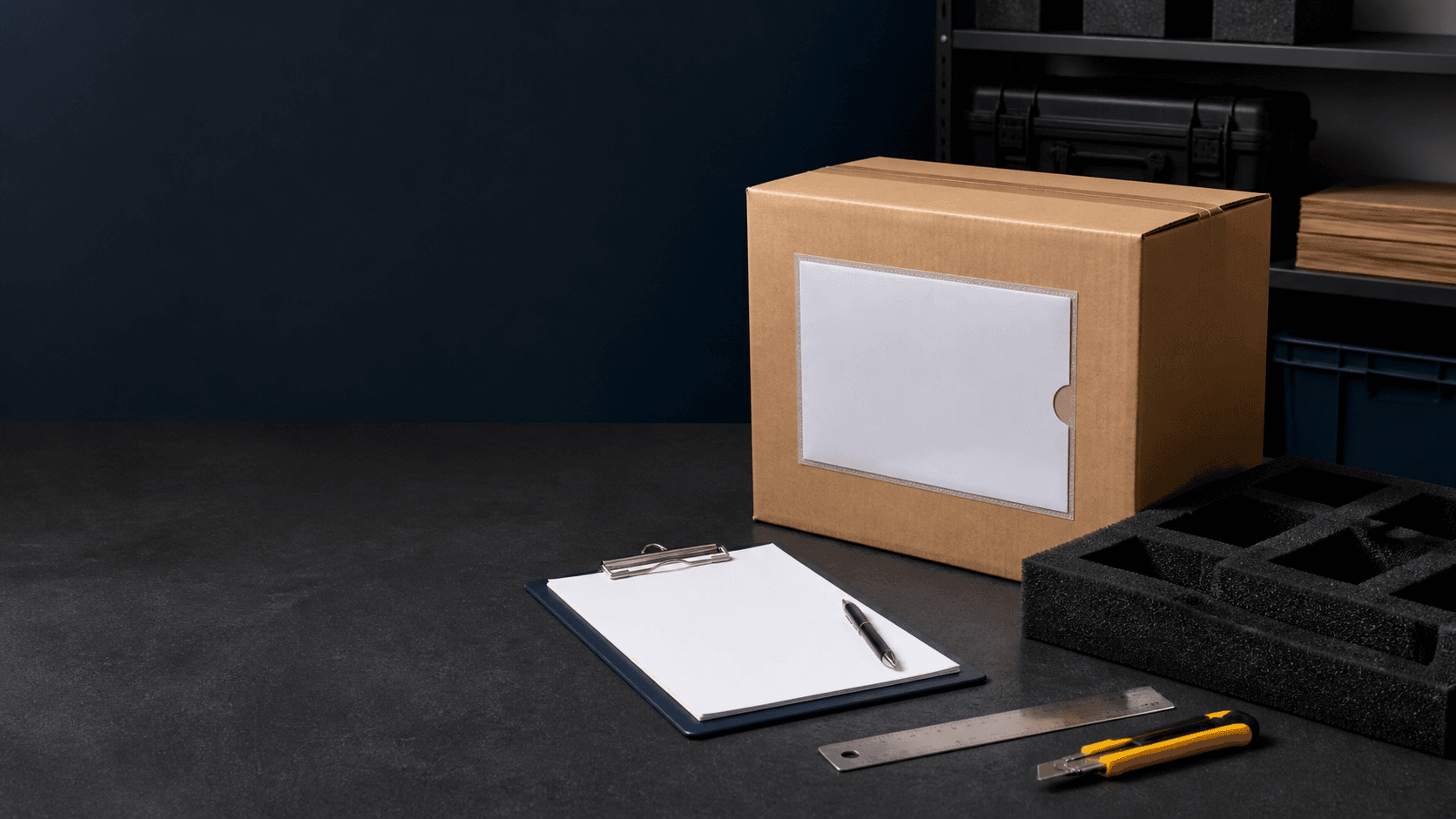 Illustrative shipping preparation desk with blank documents, carton and foam protection