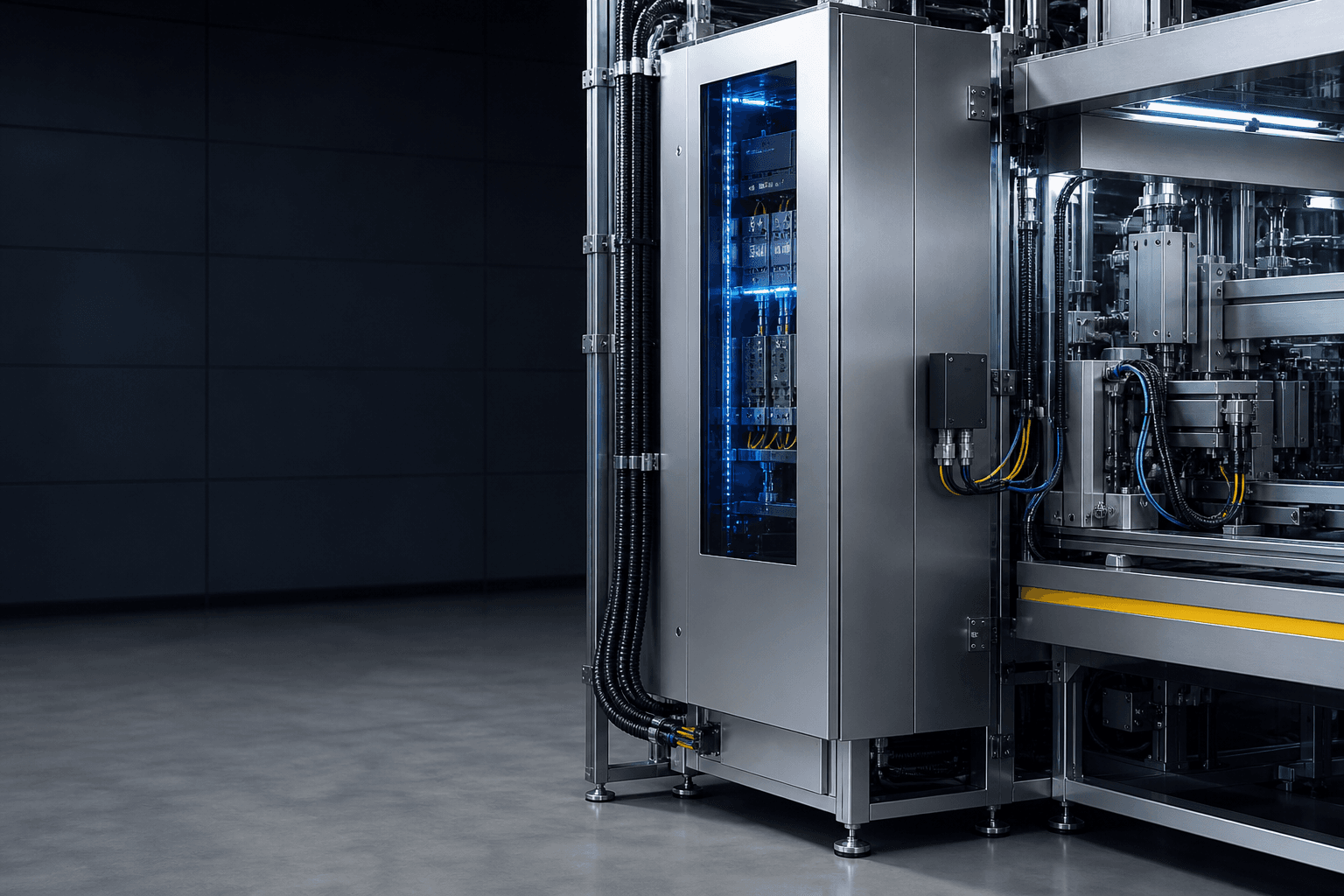 Illustrative visual of generic automated industrial equipment and a control enclosure
